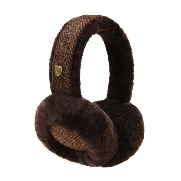 New Tags Harris Tweed Sheepskin Earmuffs Brown Herringbone Tartan (Scotland) - Picture 1 of 4